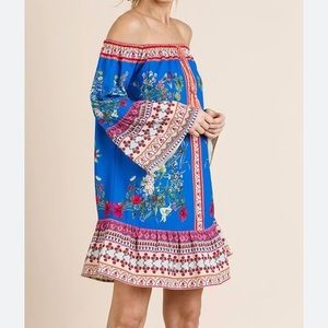 NWT Umgee Blue Off Shoulder Babydoll Floral Mini Dress Tassels bell sleeves Boho